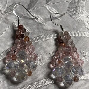 Handmade pink and clear crystal beaded earrings 2 inches